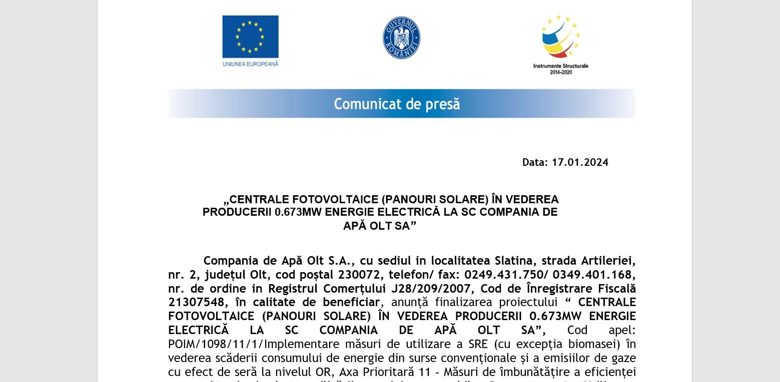 Comunicat de presă finalizare Proiect CENTRALE FOTOVOLTAICE PANOURI